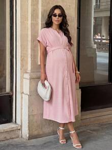 MaterniWear Đầm casual tay cánh dơi cổ chữ V cài cúc phía trước dành cho bà bầu, thích hợp mặc hàng ngày, mùa hè. - Hồng - Xem 3