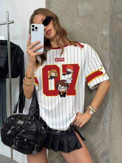 HARRY POTTER X SHEIN Women's Striped Round Neck Short Sleeve Casual T-Shirt,