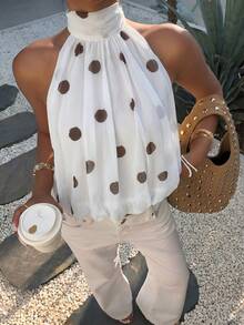Aloruh Women's Polka Dot Print Halter Elegant Sleeveless Top, Spring/Summer,Summer Top - White - View 3