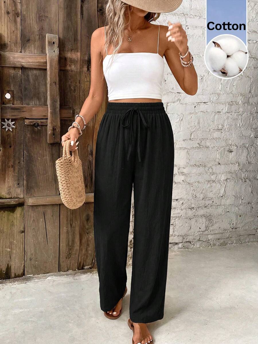 SHEIN Frenchy 女士纯色休闲百搭日常裤 - 黑色 - 查看 1