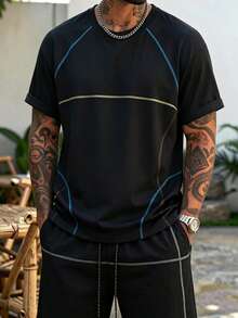 Manfinity Dauomo Conjunto de camiseta de manga corta de cuello redondo con rayas y contraste de color, y pantalones cortos con cordón y bolsillo para hombre - Negro - Ver 3