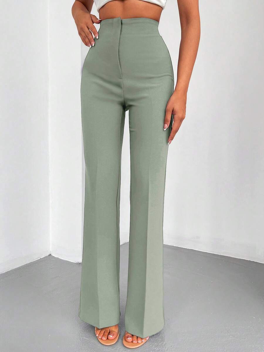 SHEIN Cottnline Solid High Waist Flare Leg Pants - Green - View 1