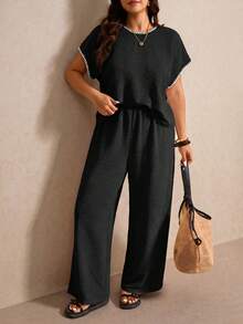 Elaquor Plus Size Women 2pcs Set, Round Neck Short Sleeve Top And Pants, Casual - Black - View 5