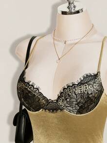 SHEIN ICON 女款對比蕾絲貼身金色性感細肩帶迷你洋裝 - 金色 - 查看 4