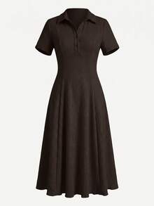 Modelyn Women's Solid Color Knit Mid-Length Dress Coffee Brown Polo Collar Textured Midi Dress Textured Crinkle Fabric Two-Way Stretch Spandex Summer Dress - Khaki - View 8