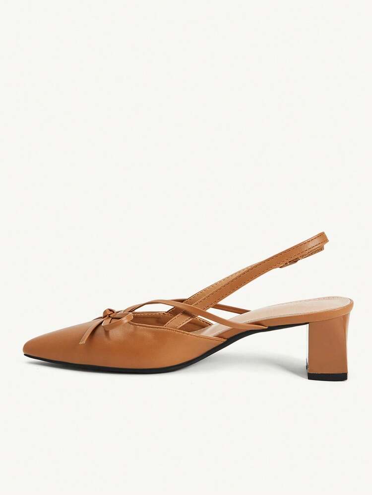CUCCOO CHICEST Brown Pointed Bow Slingback Thick Heel Sandals, Workplace Commuting Temperament Shoes