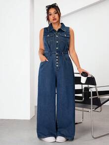 SHEIN EZwear 大码女式时尚牛仔连体裤 - 中等水洗藍 - 查看 1