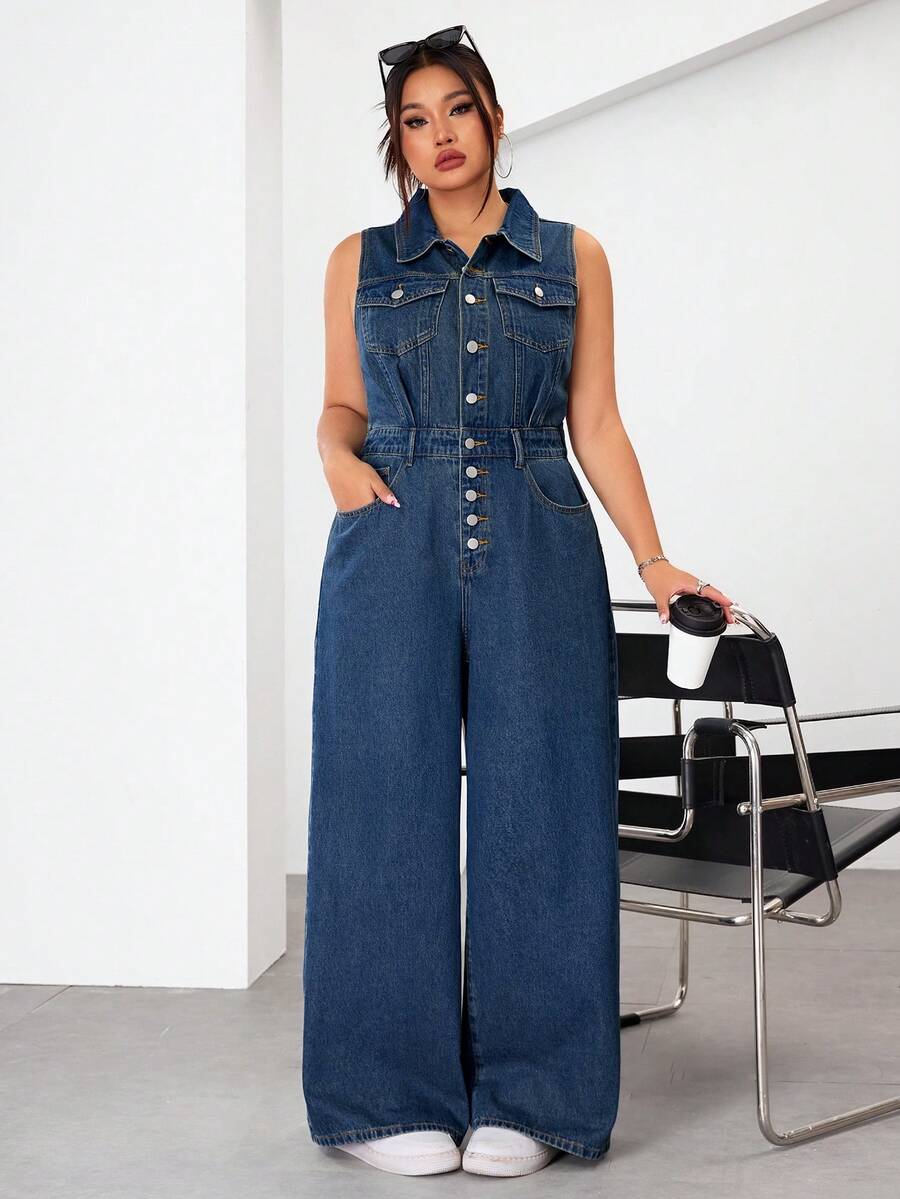SHEIN EZwear 大码女式时尚牛仔连体裤 - 中等水洗藍 - 查看 1