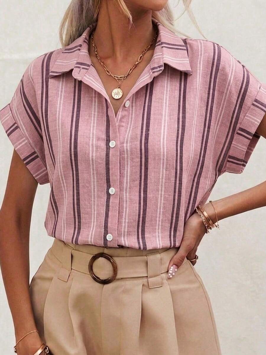 SHEIN Frenchy Áo sơ mi nữ kẻ sọc cài cúc kiểu dáng thường ngày, áo kiểu kẻ sọc, trang phục mùa hè cho nữ. - Nhiều màu - Xem 1