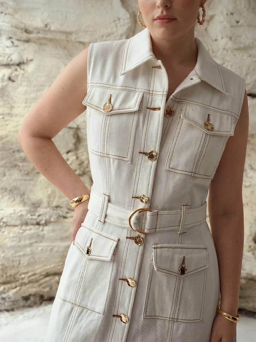 MOTF PREMIUM PLUS SIZE WOMEN'S SLEEVELESS DENIM DRESS WITH POCKETS, SPRING/SUMMER - White - View 2