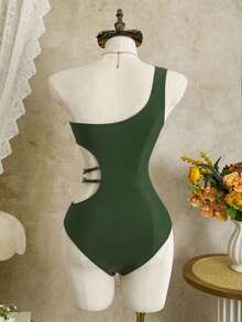 Swim Vcay Solid Color One-Piece Swimsuit, Strapless, Wire-Free, Elegant Beach Vacation Casual Style, Spring/Summer - Dark Green - View 2