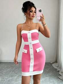 Elenzga Women's Contrast Color Button Design Slim Fit Elegant Camisole Dress - Pink - View 8