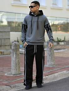Devon Thys Men's Fashion Colorblock Hooded Sweatshirt, For Fall, Long Sleeve Top - Dark Grey - View 6