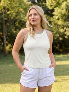 In My Nature Plus Size Women's Casual Comfortable Pastel Contrast Color Trim Sleeveless Round Neck Athletic Sports Tank Top For Hike Summer - Apricot - View 4