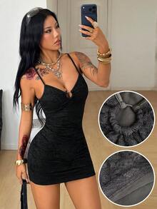 Coolane 夏季女装街头休闲外出Y2K约会之夜性感蕾丝针织弹力舒适黑色抹胸短裙，派对蕾丝黑色连衣裙 - 黑色 - 查看 2