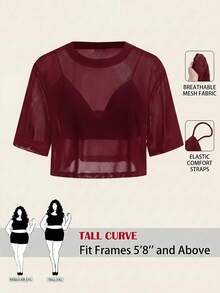 SHEIN Tall CURVE Plus Size Women Solid Color Mesh Short Sleeve Top Paired With Cropped Camisole - Burgundy - View 1