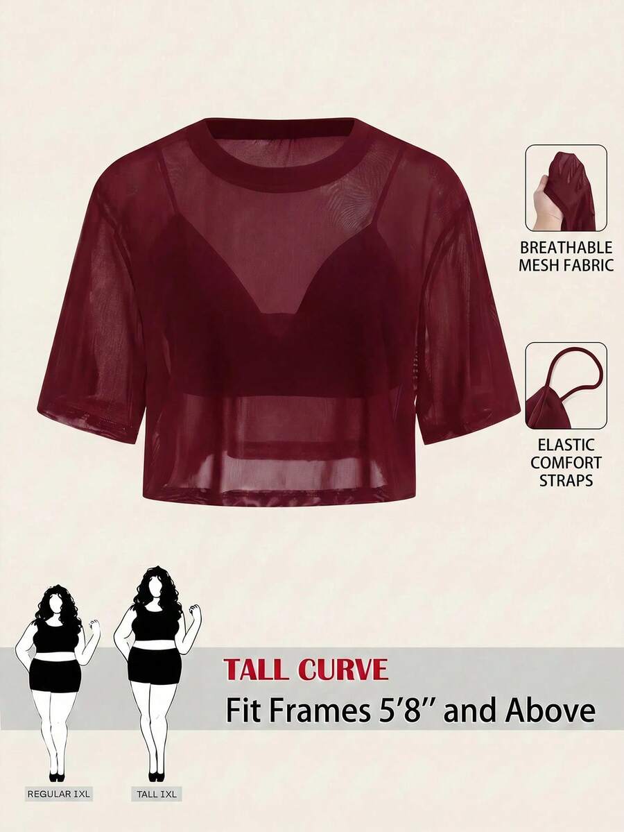 SHEIN Tall CURVE Plus Size Women Solid Color Mesh Short Sleeve Top Paired With Cropped Camisole - Burgundy - View 1