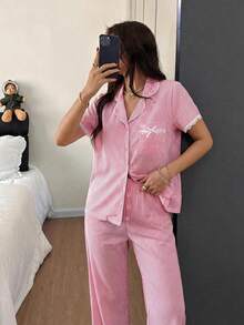 Napfluff Bubble Crinkle Striped Ruffle Front Women Pajama Set - Pink - View 4