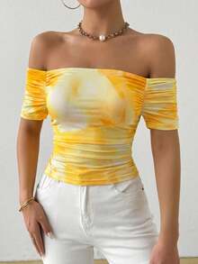 Chiquease Women's Tie-Dye Fitted Off-Shoulder Ruched Short Sleeve T-Shirt - Yellow - View 5