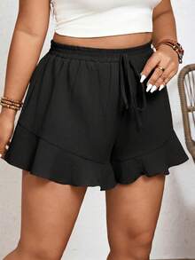 Elaquor Plus Size Solid Color Shorts With French Ruffle Hem - Black - View 5