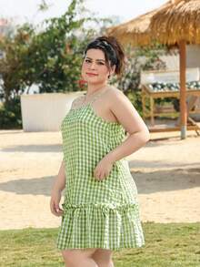 SHEIN EZwear Vestido de vacaciones holgado con estampado de cuadros azul marino de talla grande - verde menta - Ver 5