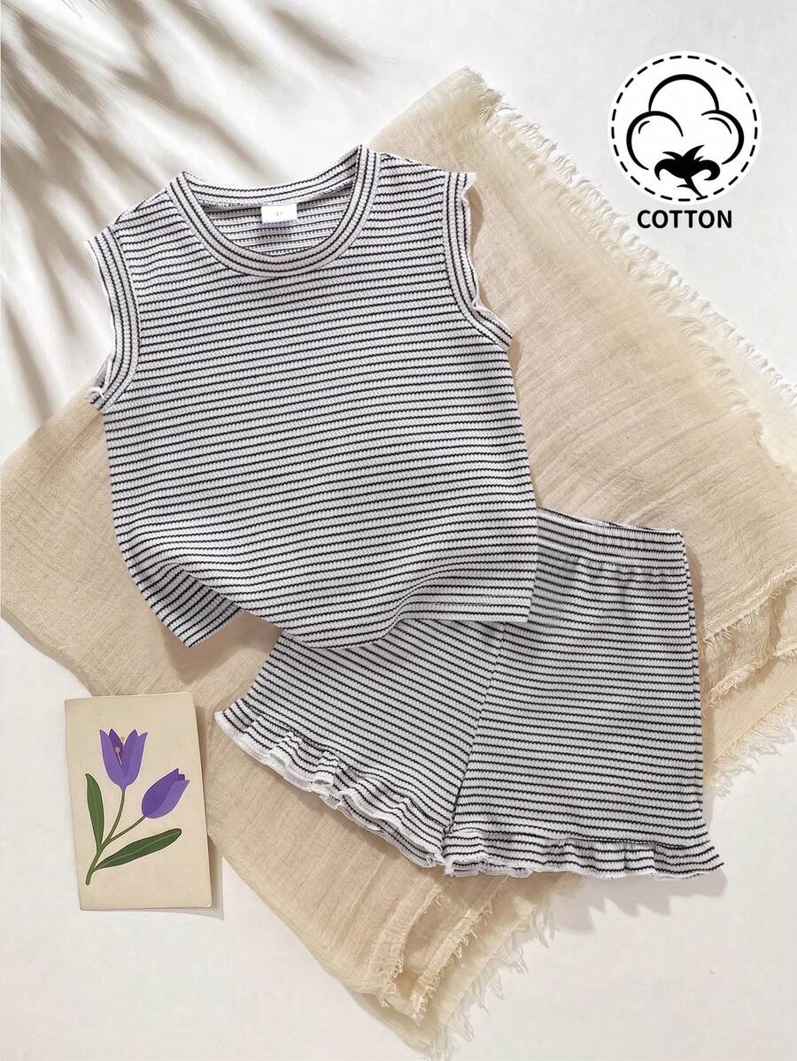 SHEIN Vintaside Kids 2件套女童条纹提花针织宽松背心短裤套装，适合休闲、度假、运动、夏季穿着