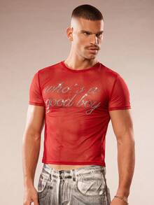 FeverCity Men's Hip-Hop Rhinestone Mesh Short Sleeve Round Neck T-Shirt, Streetwear - Red - View 3