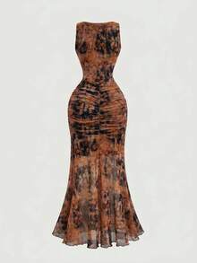 SHEIN MOD Vintage Bow Print Ruffle Trim Extra Long Dress - Rust Brown - View 4