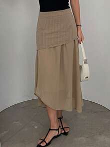 DAZY Women's Vintage Girlisim Asymmetric Hem Commuter Skirt, Autumn Golf Pastal - Khaki - View 2