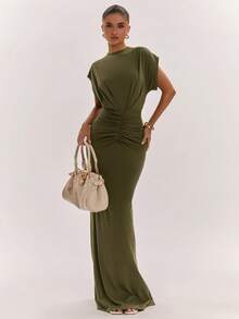SHEIN BAE 女士舒适百搭褶裥修身连衣裙 - 軍綠色 - 查看 3