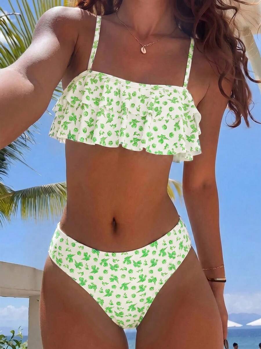 Swim Mod 花卉荷葉邊可愛甜美復古休閒度假海灘海邊女款泳衣套裝 - 彩色 - 查看 1