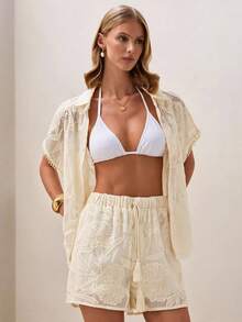 Briarwyn Bộ áo sơ mi và quần short trắng dệt jacquard, trang phục 2 mảnh rộng rãi thoải mái cho mùa hè. - Màu be - Xem 3