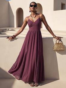 Zivah 2026 Spring/Summer New Dark Purple Lace Patchwork A-Line Long Dress,Boho Summer Holiday Vacation,Suitable For Music Festivals,Beach & Wedding Guest - Purple - View 8
