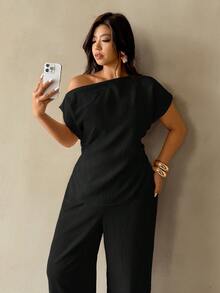 Auralis Plus Size Women Solid Color Asymmetrical Shoulder Ruched Top And Pants Casual 2-Piece Set - Black - View 6