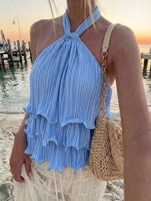 Firerie Women's Elegant Casual Beach Vacation Holiday Halter Neck Layered Ruffle Textured Blue And White Stripe Blouse Summer - Blue - View 3