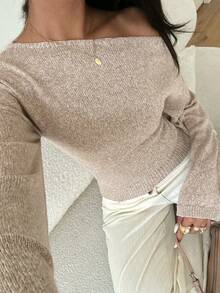 Aloruh 女款休閒秋季新款針織不對稱肩開喇叭袖上衣，上鬆下緊設計 - 卡其色 - 查看 4