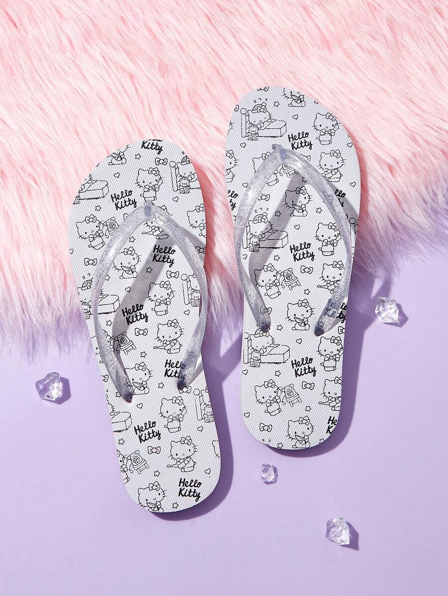 HELLO KITTY AND FRIENDS | SHEIN 女款夾腳拖鞋,可愛童趣印花搭配亮片透明鞋帶,打造經典趣味造型,適合夏季旅遊與春季休閒旅行 - 月光白 - 查看 1