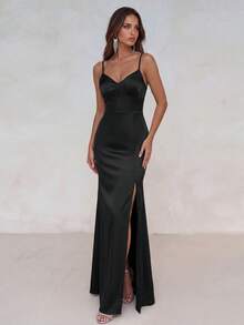 Aloruh Criss Cross Backless Bridesmaid Dress Black Elegant Formal Evening Prom Wedding Guest Gown, For Graduation, Dinner Party Dress - Black - View 5