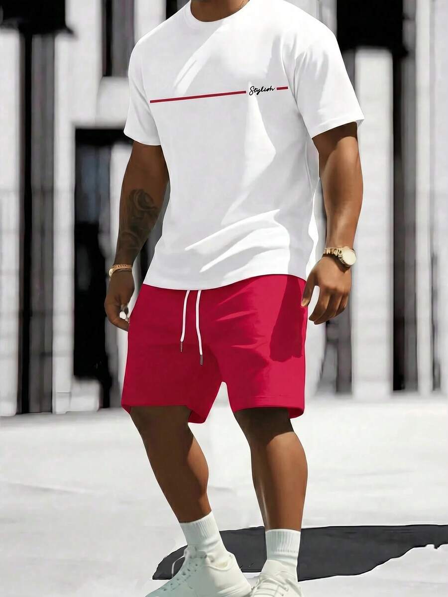Sorvial Men's Casual Letter Print Round Neck Short Sleeve T-Shirt And Woven Shorts Set, Summer, Holiday - Multicolor - View 1