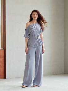 MOTF PREMIUM WOMEN'S ELEGANT RUCHED ASYMMETRIC NECK TOP & PANTS 2 PIECES SET - Baby Blue - View 1