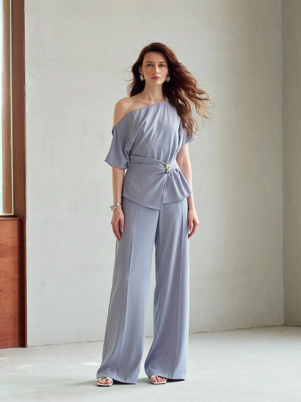 WOMEN'S ELEGANT RUCHED ASYMMETRIC NECK TOP & PANTS 2 PIECES SET