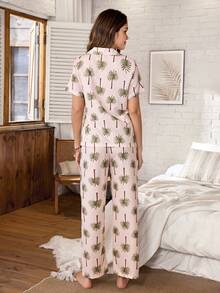 Serenescape Palm Tree Print Lapel Short Sleeve & Pants Vacation Style Women Pajama Set - Multicolor - View 2