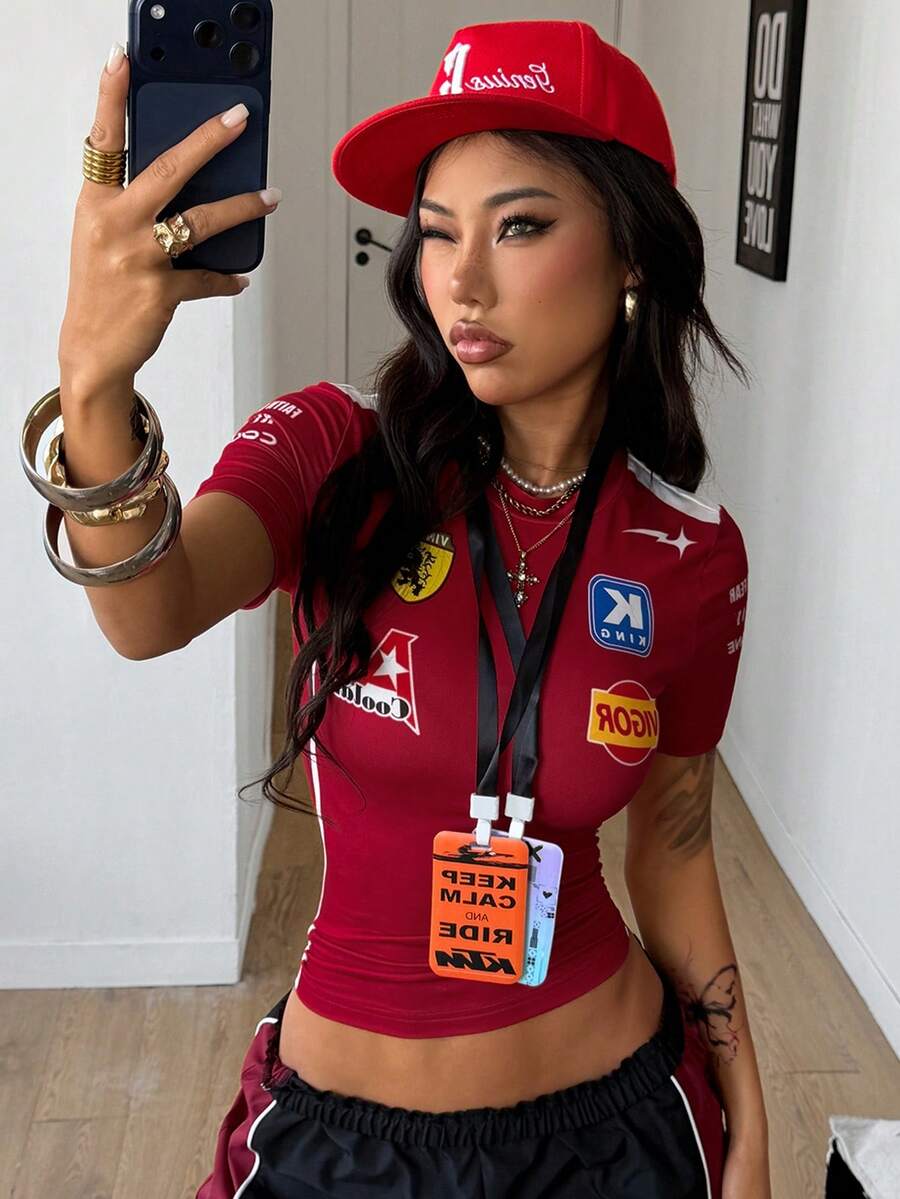 Coolane 女款夏季街頭風酷感籃球球衣設計字母印花白色上衣 巴西款 - 酒紅色 - 查看 1