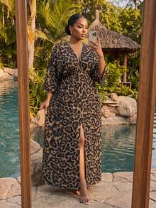 SHEIN Lady CURVE 大码女式豹纹V领开衩下摆宽松连衣裙 - 彩色 - 查看 3