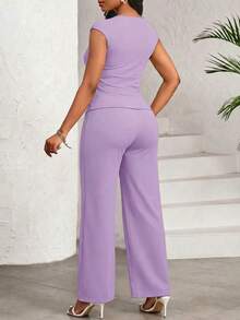SHEIN Lady Bộ đồ nữ thanh lịch 2 mảnh gồm áo cổ chữ V xếp ly và quần dài, màu tím. - Màu tím - Xem 2