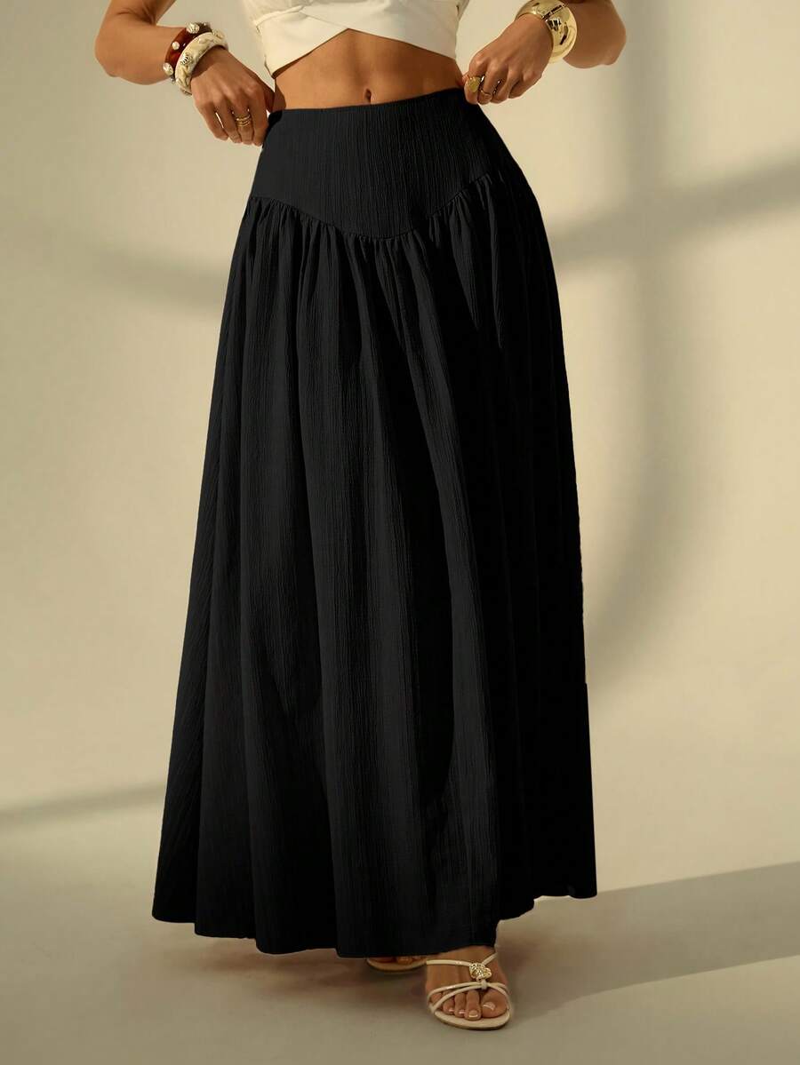 SHEIN Tall Women's Solid Color Pleated Casual/Work Skirt, Tall Women - Black - View 1