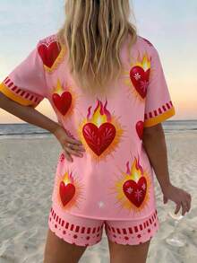 Vaclyn Women's Heart Print Short Sleeve Shirt And Shorts Casual Suit - Pink - View 2