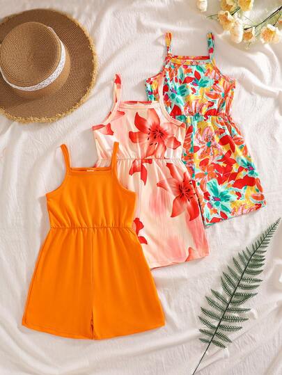 Elladie kids SHEIN 4-7Y Girls 3Pcs Set Summer Jumpsuit: Solid Color & Bohemian Floral Print, Elastic Waist Comfortable, Beach Holiday Style Romper