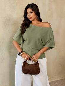 Auralis Plus Size Spring/Summer New Versatile Minimalist Commuter Asymmetric Batwing Sleeve Ruched Waist Fitted Pullover Blouse - Green - View 4