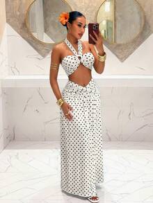 Slaydiva Sang trọng, lãng mạn, gợi cảm, hoàn hảo cho kỳ nghỉ xuân/hè, tiệc bãi biển, hẹn hò, tiệc sinh nhật, bộ đồ hai mảnh màu xanh lam-xanh lá cây dành cho nữ, gồm áo bra cổ yếm và chân váy dài xòe bằng chiffon phối ren, vừa thanh lịch vừa thoải mái. - Nhiều màu - Xem 3